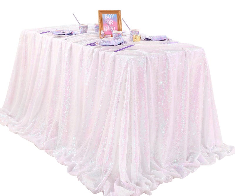 QueenDream Iridescent White Sequin Tablecloth 60 x102 Inch Mermaid Rectangle Tablecloth Overlay for Wedding Birthday Parties Decorations - Image 3
